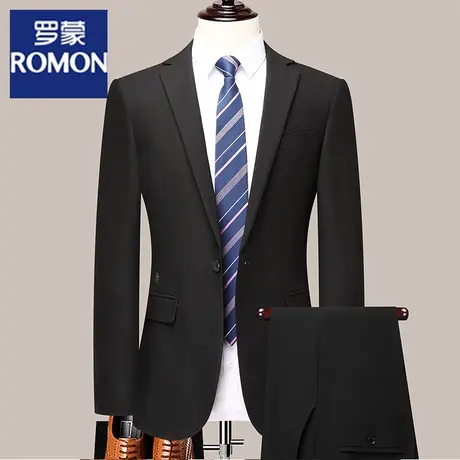 罗蒙新朗婚礼男士黑色西服两件套修身商务正装小西装结婚面试套装图片