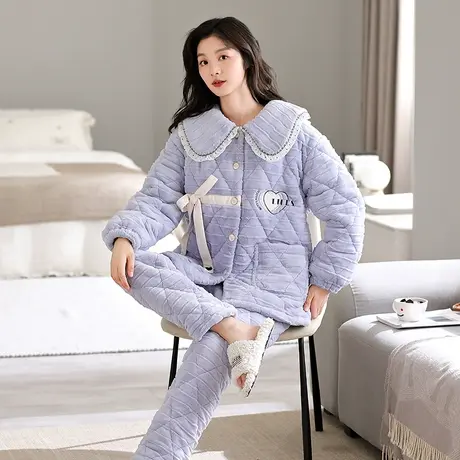 婷美珊瑚绒睡衣女士冬季三层加厚夹棉秋冬天可外穿家居服韩版套装图片