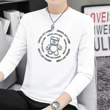 重磅纯棉t恤男长袖宽松内搭打底衫潮牌潮流小熊秋季小衫全棉体恤商品大图