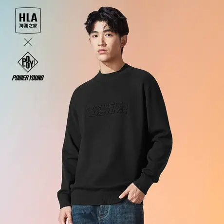 HLA海澜之家POWER YOUNG针织衫23秋季新款圆领立体印花黑色毛衣男图片