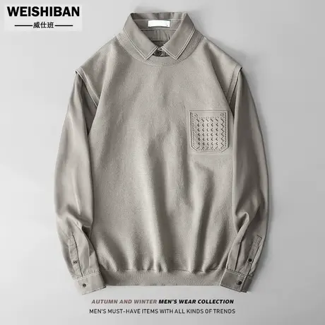 潮流港风衬衫领假两件毛衣背心男士秋冬天丝衬衣袖针织衫保暖上衣商品大图