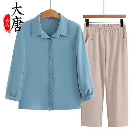 中老年人夏装衬衫女奶奶九分袖纯色翻领妈妈褶皱休闲老人太太衣服商品大图