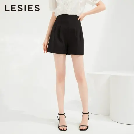LESIES蓝色倾情夏装新款短裤波浪边高腰百搭阔腿裤薄款显瘦休闲裤商品大图