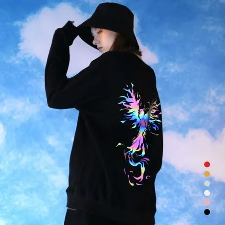 卫衣女ins潮牌网红反光国潮凤凰印花上衣情侣装黑色圆领纯棉学生商品大图