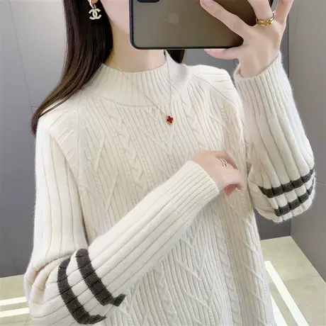 洋气半高领毛衣女秋冬2022年新款内搭加厚条纹长袖针织打底衫上衣商品大图