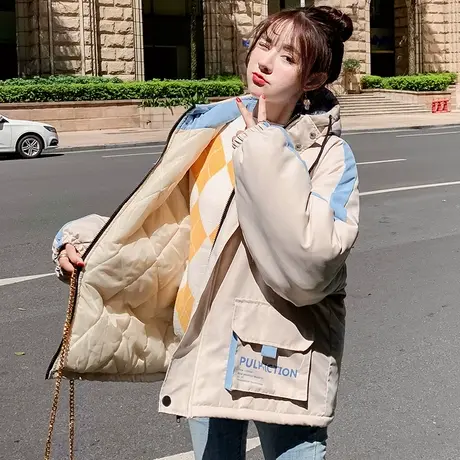 冬季外套女韩版宽松ins潮港风学生工装棉服2021棉衣新款网红连帽商品大图