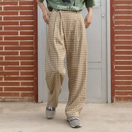 omont蛋挞家 复古斜腰头棋盘格子裤女新款显瘦裤子垂感直筒休闲裤商品大图
