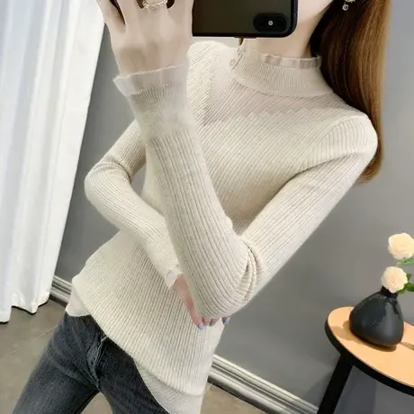 2023年秋冬新款半高领软糯毛衣女长袖打底衫套头百搭蕾丝针织衫女图片