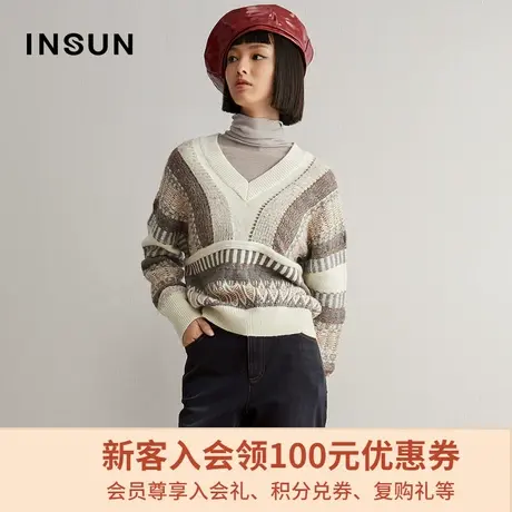 恩裳冬季撞色条纹v领宽松套头羊毛马海毛针织衫女图片