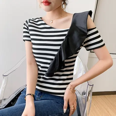 欧货荷叶边T恤女短袖2023夏季新款时尚性感露肩小衫洋气紧身上衣商品大图