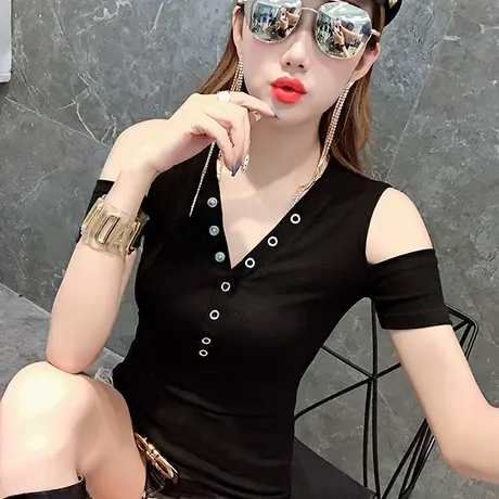 性感短袖T恤女士夏装2023新款气质露肩小衫时尚修身百搭V领上衣潮商品大图