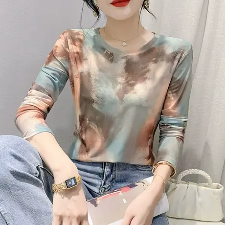 薄款网纱防晒长袖女2023秋装新款时尚晕染印花T恤休闲显瘦上衣潮商品大图