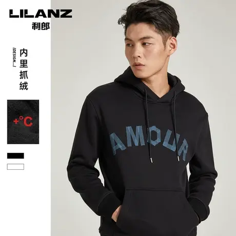 抓绒保暖利郎 卫衣男连帽厚款冬季落肩袖印花长袖T恤商品大图