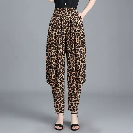 时尚豹纹哈伦裤女夏季2023新款高腰大码宽松灯笼裤长裤气质休闲裤商品大图
