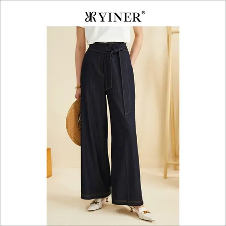 YINER音儿专柜女装2022秋季新款高腰长裤蝴蝶结阔腿牛仔裤商品大图