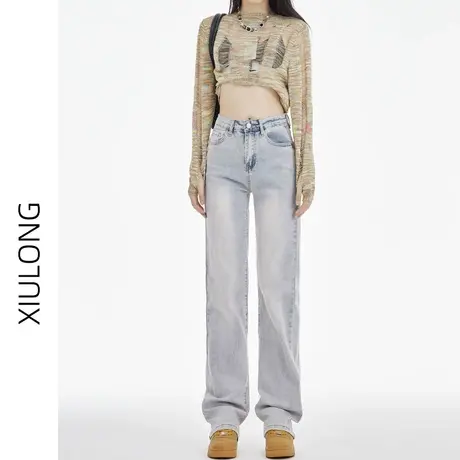 浅色高腰直筒牛仔裤女春秋季2023年新款显瘦宽松窄版阔腿烟管裤子图片