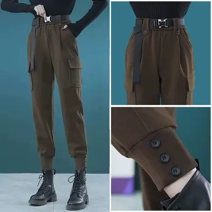 毛呢束脚工装裤女秋冬2023新款高腰萝卜休闲裤子小个子加厚哈伦裤商品大图