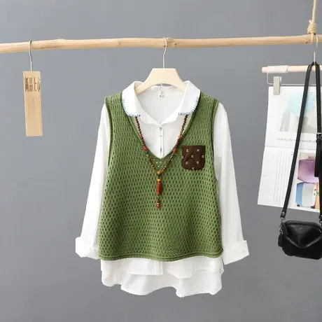 V领镂空针织马甲女2023春秋新款短款无袖叠穿毛衣坎肩打底衫马夹X图片