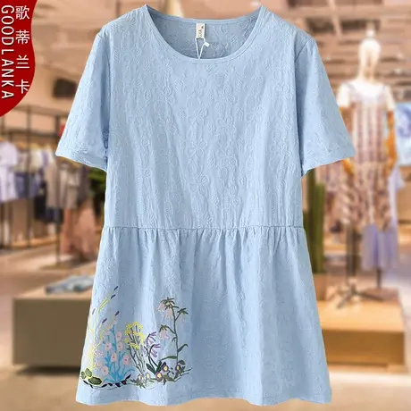 妈妈夏装洋气提花小衫中年女短袖T恤40岁加肥加大中长款上衣200斤商品大图