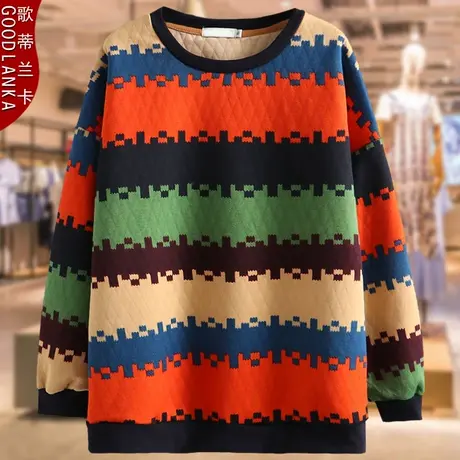 妈妈装秋冬装夹棉打底衫洋气时尚条纹上衣加肥加大码女装卫衣外套商品大图