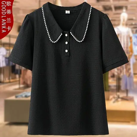 年轻气质胖妈妈夏装新款短袖上衣洋气时尚中年大码女宽松钉珠T恤商品大图