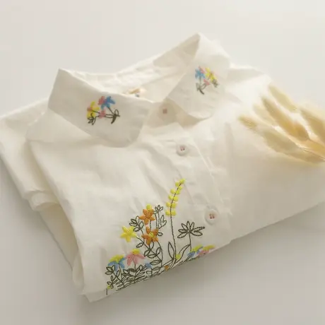 夏装日系文艺小清新刺绣碎花纯棉短袖衬衫女学生百搭半袖白色上衣商品大图