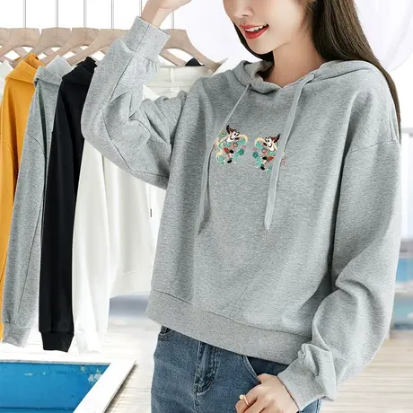 印花连帽卫衣女短款带帽衫2023年春秋新款宽松百搭打底衫休闲上衣图片