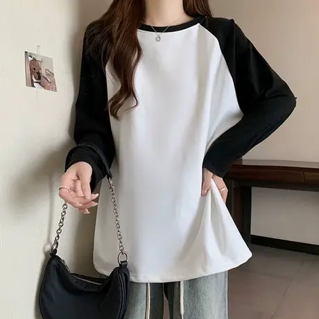 拼接撞色插肩袖T恤女春秋宽松显瘦百搭双面德绒长袖上衣打底衫潮商品大图