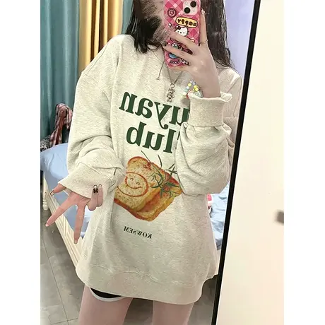 圆领卫衣女春秋季薄款落肩oversize小众潮牌高街复古美式长袖上衣商品大图