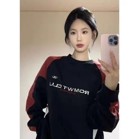 美式复古圆领卫衣女春秋薄款拼接插肩袖小众设计感宽松长袖上衣潮商品大图