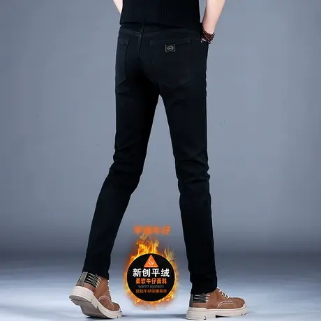 男士裤子百搭薄绒黑色牛仔裤男款2023新款修身小脚弹力休闲裤高端商品大图