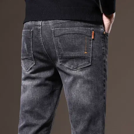 男士商务休闲修身直筒弹力牛仔裤男裤子2023新款秋冬季加绒裤加厚商品大图