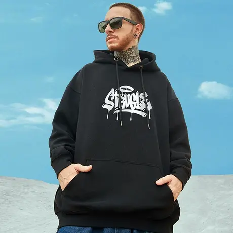 oversize帽衫简约胖子潮宽松加绒加肥加大连帽卫衣男春秋加厚戴帽商品大图