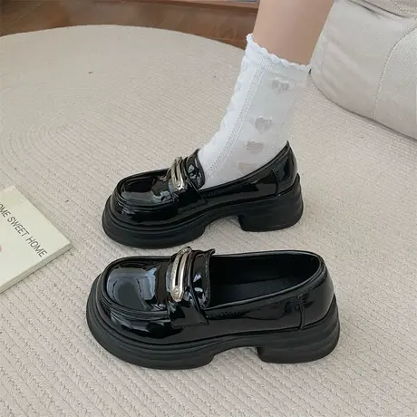 单鞋女2023新款秋季厚底懒人一脚蹬法式防滑粗跟乐福鞋气质小皮鞋商品大图