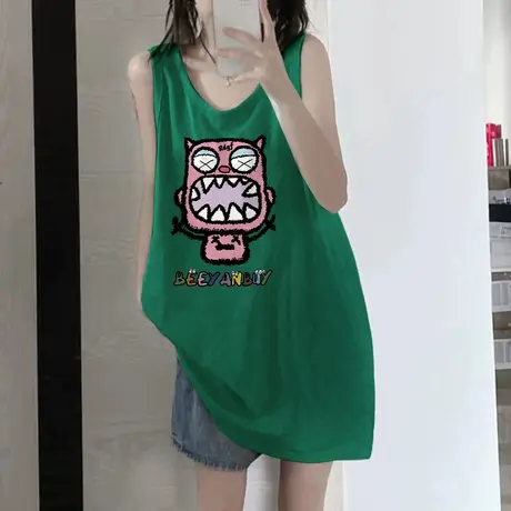 美式纯棉吊带坎肩背心无袖t恤女夏季设计感小众外穿宽松挂脖上衣图片