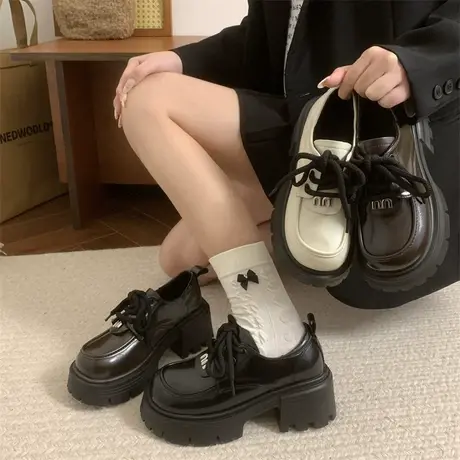 厚底百搭乐福鞋女2024年春秋季新款复古粗跟单鞋英伦风高跟小皮鞋商品大图
