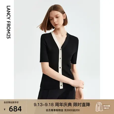 朗姿气质修身独特别致高级感撞色女士毛针织衫2023年夏季新款短袖商品大图