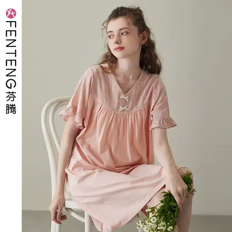 芬腾夏季睡裙女短袖纯棉薄款V领夏宽松睡衣女士大码家居服连衣裙商品大图