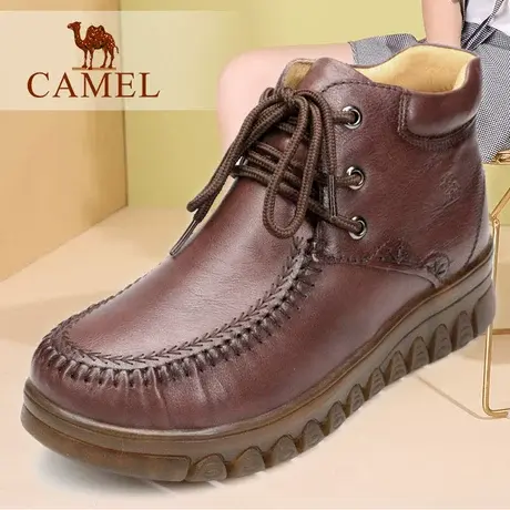 Camel/骆驼女鞋冬季款真牛皮加绒保暖系带休闲妈妈靴舒适皮靴子图片