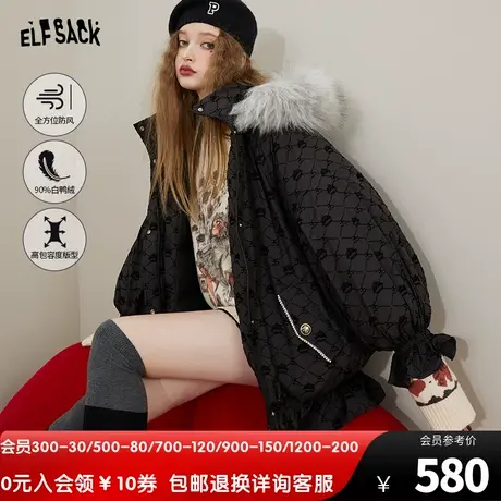 妖精的口袋毛领复古满印老花黑色羽绒服女2022冬季新款保暖外套图片
