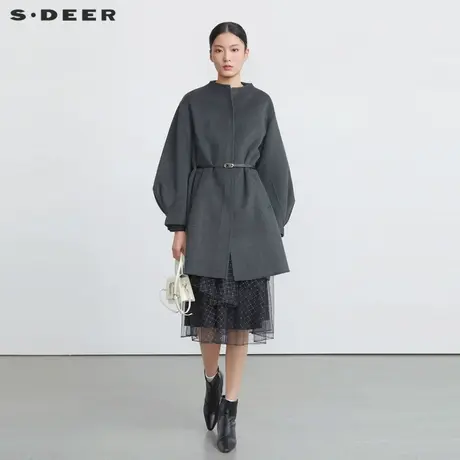 【直播间专属】sdeer圣迪奥立领收腰泡泡袖毛呢长款大衣S224Z2580图片