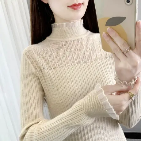 黑色打底衫女新款蕾丝针织衫长袖内搭上衣修身百搭秋冬半高领毛衣图片