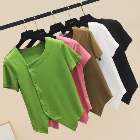 不规则设计感纯色短袖t恤女2023夏季新款纽扣开衫斜领ins短款上衣商品大图