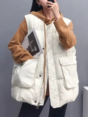 慵懒风大口袋立领羽绒棉马甲女2023新款宽松坎肩百搭时尚马夹外套商品大图