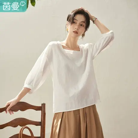 【商场同款】茵曼2023春女装新款文艺方领宽松亚麻棉刺绣衬衫衬衣图片