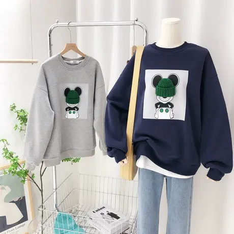 chic小众慵懒休闲上衣2021秋冬款韩国东大门卡通印花加绒卫衣内搭商品大图