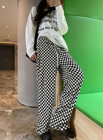 2023年新款春秋格子拖地休闲裤女高腰显瘦直筒宽松阔腿运动裤子夏商品大图