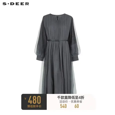 sdeer圣迪奥女装V领风琴褶收腰网纱连衣裙S233Z12AY图片