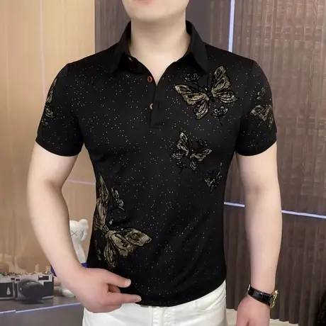 时尚男装夏季星蝶梦帅气短袖t恤欧货烫钻潮牌翻领半袖男士POLO衫图片