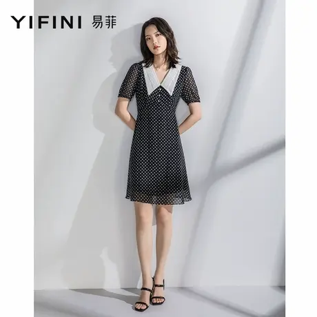 Yifini/易菲雪纺翻领波点印花收腰遮肉短袖连衣裙女夏季新款图片
